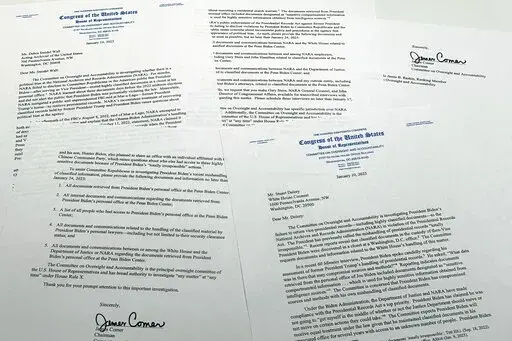 The letters from House Oversight Committee chairman Rep. James Comer, R-Ky., to Debra Steidel Wall, archivist of the United States, and White House Counsel Stuart Delery are photographed Tuesday, Jan. 10, 2023. (AP Photo/Jon Elswick)