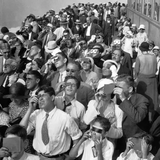 Eclipse watchers squint through protective filters as they view an eclipse of the sun from the top deck of New York's Empire State Building in New York on Wednesday, Aug. 31, 1932. Full solar eclipses occur every year or two or three, often in the middle of nowhere like the South Pacific or Antarctic. (AP Photo/File, File)