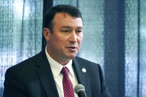 Mississippi Department of Public Safety Commissioner Sean Tindell addresses the audience at the Fallen Officer Memorial Ceremony honoring those lawmen who lost their life in the line of duty, in Jackson, Miss., May 17, 2022. Amid backlash over the fatal shooting of a Mississippi man on Sunday, Sept. 25, 2022, the state’s top law enforcement official said police officers in the capital city of Jackson will not change the way they pursue suspects. (AP Photo/Rogelio V. Solis, File)