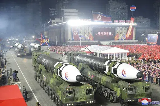 This photo provided by the North Korean government, shows what it says is Hwasong-17 intercontinental ballistic missiles during a military parade to mark the 75th founding anniversary of the Korean People's Army on Kim Il Sung Square in Pyongyang, North Korea, Wednesday, Feb. 8, 2023. Independent journalists were not given access to cover the event depicted in this image distributed by the North Korean government. The content of this image is as provided and cannot be independently verified. Kor