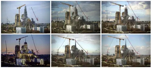 This combination photo shows, from top left, clockwise, the scaffolding around the Notre Dame de Paris cathedral spire being removed from Jan. 24, 2024 to March 6, 2024. Scaffolding has enshrouded Notre Dame Cathedral in Paris since a 2019 fire destroyed its spire and roof and threatened to collapse the whole medieval structure. After an unprecedented international reconstruction effort, the scaffolding is at last starting to peel away. (AP Photos captured from La Tour d'Argent restaurant/Alexan