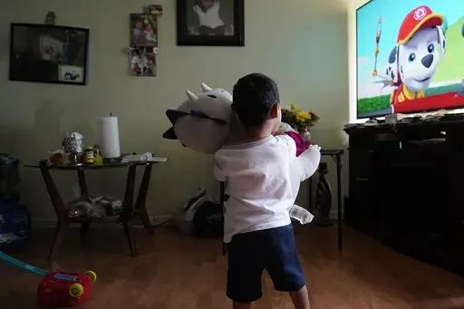 Alexander, 3, who is being treated for developmental delays, holds a stuffed animal and watches Paw Patrol in the living room of his West Chicago, Ill., home Tuesday, Aug. 8, 2023. Alexander qualified for five Early Intervention therapies in summer 2021, physical, occupational, developmental, behavioral and speech when he was about a year old. But the family waited more than a year to get any of these services in-person. (AP Photo/Charles Rex Arbogast)