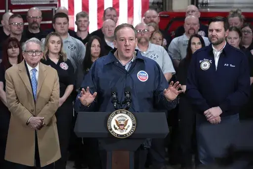 Vice President JD Vance, right, and Ohio Gov. Mike DeWine, left, listen as Environmental Protection Agency administrator Lee Zeldin, center, speaks in East Palestine Fire Station on Feb 3, 2025, in East Palestine, Ohio, Feb. 3, 2025. (AP Photo/Gene J. Puskar, File)